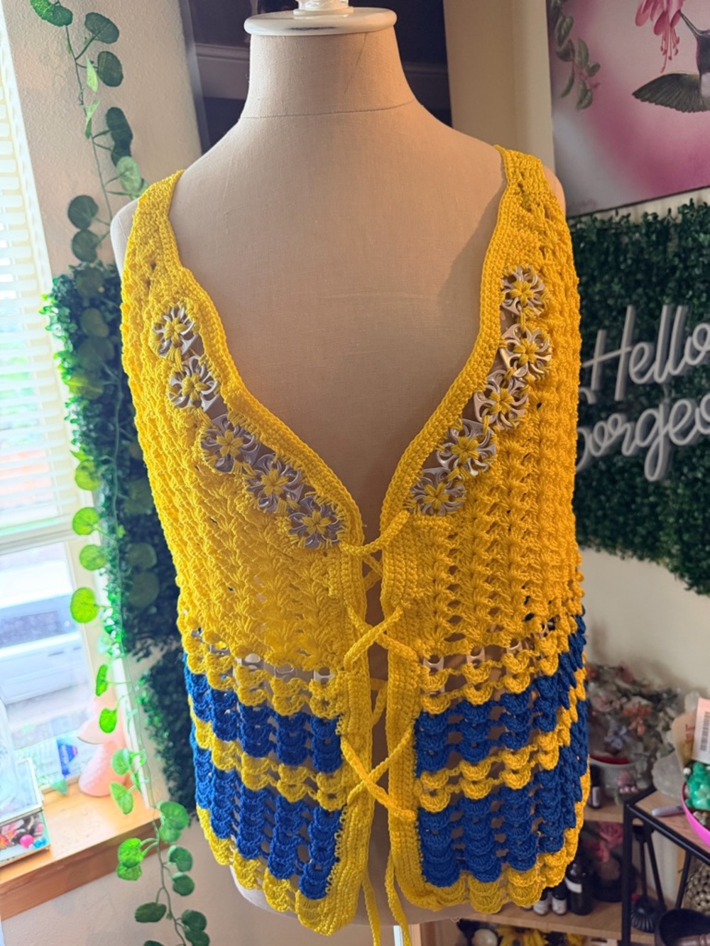 Handmade Yellow & Blue Crochet Tie-Front Tank Top style Vest